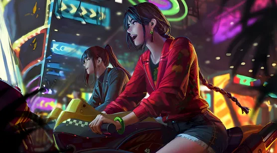 赛博朋克霓虹夜市双少女骑乘游乐设施壁纸 电玩风-iPhone17-1