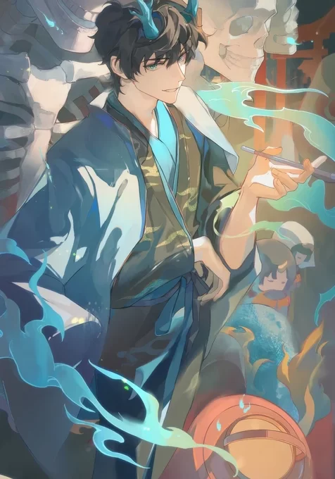 青角妖男执墨笔古风插画 蓝烟骸骨和服背景
