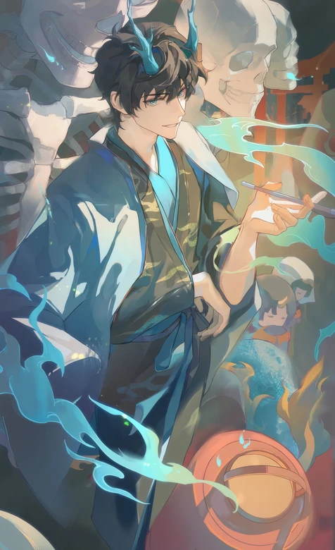 青角妖男执墨笔古风插画 蓝烟骸骨和服背景-iPhone17-1