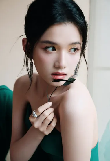 张婧仪小深v抹胸绿裙穿搭气质优雅清新写真图片