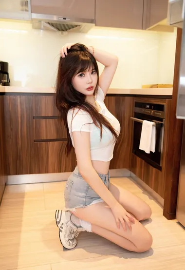 厨房里的性感微胖美女白色T恤牛仔短裤穿搭养眼写真图片