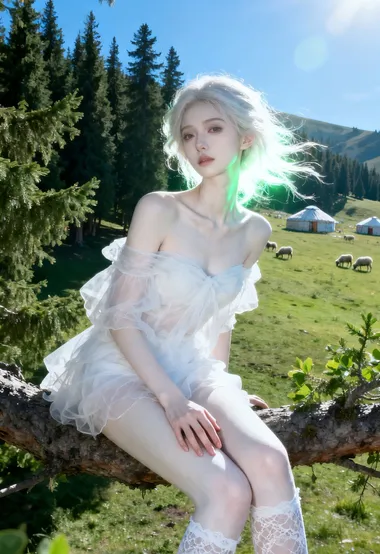 白发仙气少女·草原牧歌唯美写真 清新森系女生摄影图