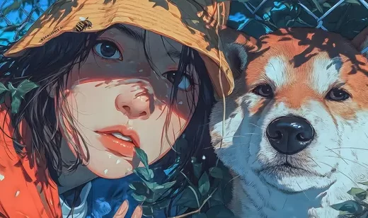戴黄帽少女与柴犬·写实插画风 治愈系桌面背景