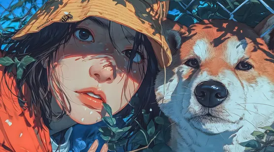 戴黄帽少女与柴犬·写实插画风 治愈系桌面背景-iPhone17-1