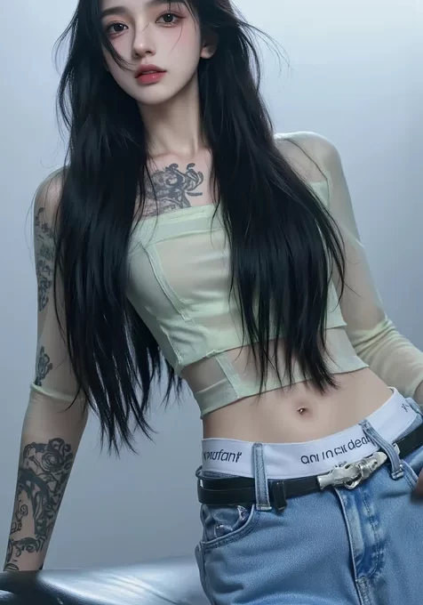 高颜值，身材高挑，牛仔裤纹身AI气质美女手机壁纸图片