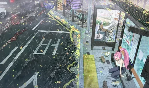二次元粉发少女雨天公交站伴宠物 街道落叶宽屏车机壁纸