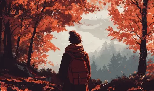 秋日红叶林背包客女生背影 山间意境风景壁纸