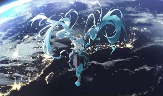 初音未来，外太空，背后是地球，地球表面的云层和城市灯光插画壁纸图片