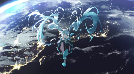 初音未来，外太空，背后是地球，地球表面的云层和城市灯光插画壁纸图片-iPhone17-1