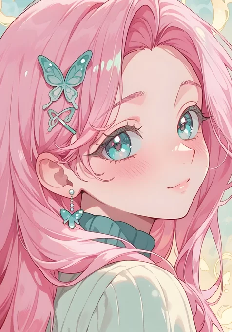 粉色长发美少女·蝴蝶饰唯美二次元高清手机壁纸（竖屏）
