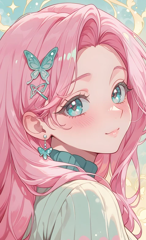 粉色长发美少女·蝴蝶饰唯美二次元高清手机壁纸（竖屏）-iPhone17-1