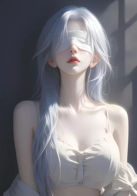 透过窗户的阳光照射在蒙着眼睛的性感吊带衫长发AI美女高清手机壁纸
