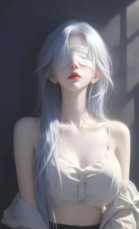 透过窗户的阳光照射在蒙着眼睛的性感吊带衫长发AI美女高清手机壁纸-iPhone17-1
