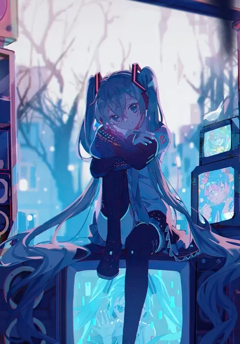 全球首个AI数字人《初音未来》坐在电视上的插画手机壁纸