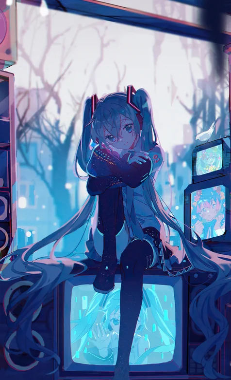 全球首个AI数字人《初音未来》坐在电视上的插画手机壁纸-iPhone17-1