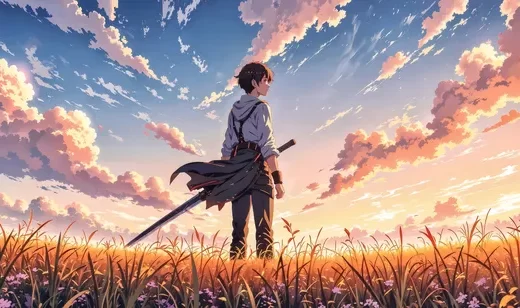 持剑少年·草甸云霞 唯美日系动漫风电脑壁纸