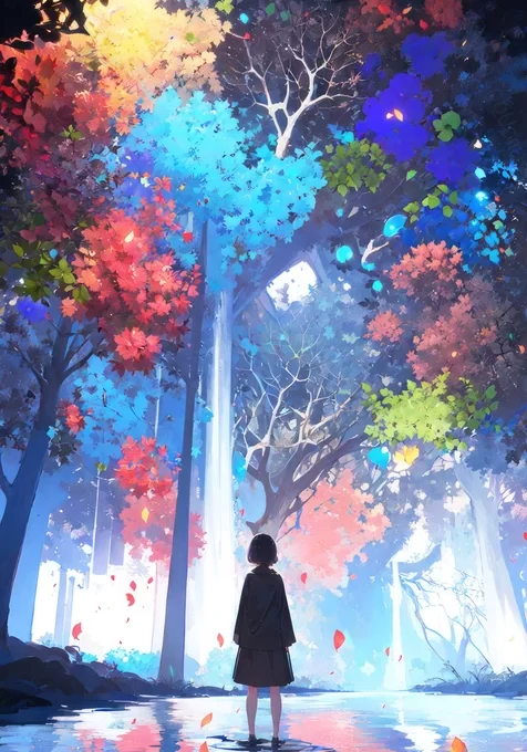缤纷森林水影少女背影·二次元梦幻唯美插画 治愈系手机壁纸
