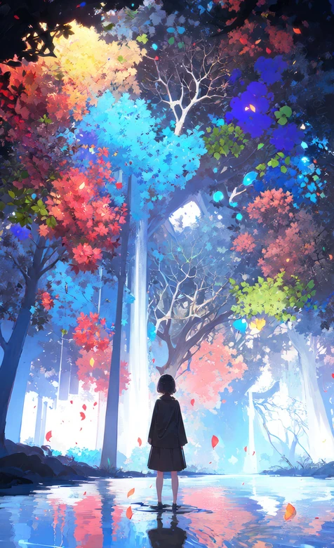 缤纷森林水影少女背影·二次元梦幻唯美插画 治愈系手机壁纸-iPhone17-1