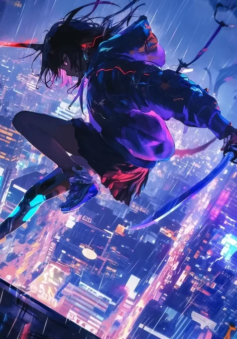 赛博朋克持剑少女·雨夜霓虹都市 赛博朋克手机壁纸