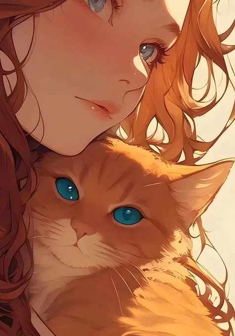 卷发女孩与蓝眼橘猫·唯美二次元手绘 治愈暖调壁纸