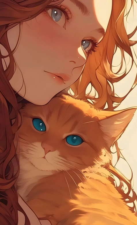 卷发女孩与蓝眼橘猫·唯美二次元手绘 治愈暖调壁纸-iPhone17-1