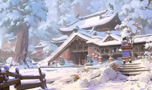 国风古风雪景寺庙旅人 中式古建冬日壁纸