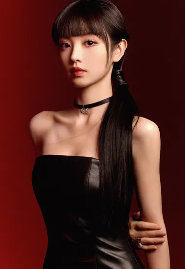 酷女孩装扮美女田曦薇齐刘海马尾辫发型搭配紧身抹胸皮裙高清摄影写真图片-iPhone17-1