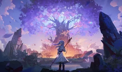 蓝发精灵法师持杖·奇幻紫树废墟 唯美宽屏车机壁纸