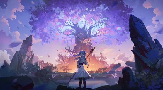 蓝发精灵法师持杖·奇幻紫树废墟 唯美宽屏车机壁纸-iPhone17-1