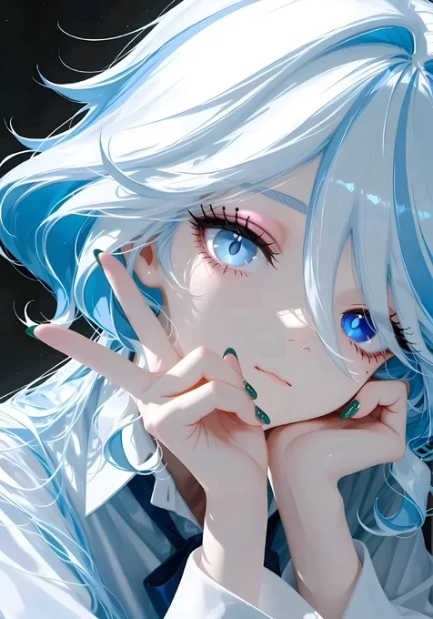 二次元动漫少女·蓝发蓝眼精致美甲 唯美清新手机壁纸