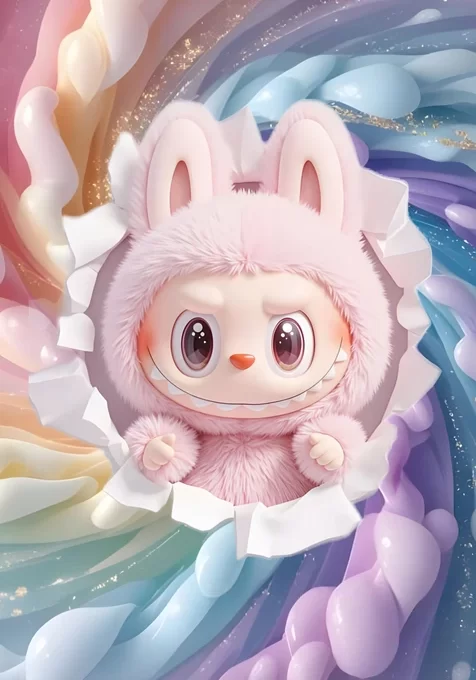 粉色毛绒兔耳潮玩·虎牙萌凶 梦幻彩虹流体治愈手机壁纸