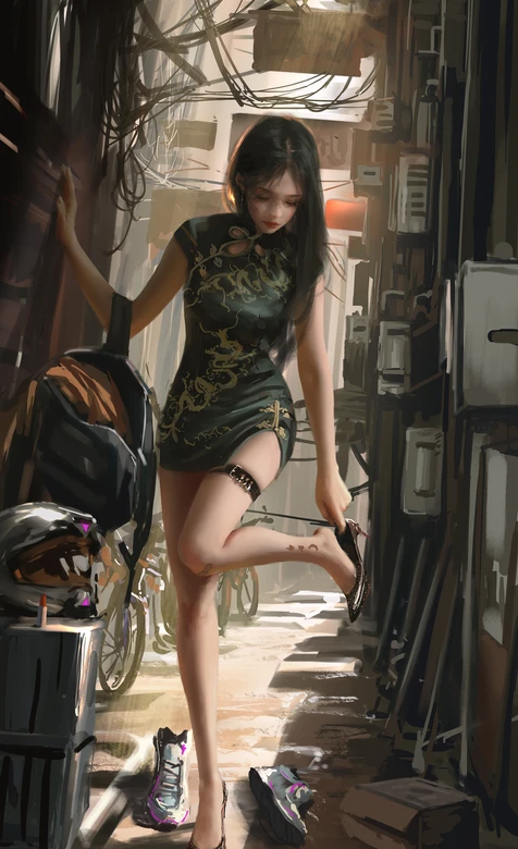 赛博国风旗袍少女·写实插画 高人气竖屏手机壁纸-iPhone17-1
