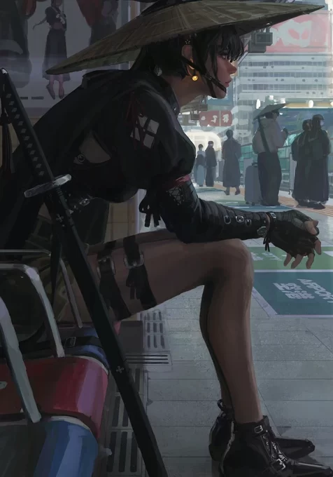 赛博国风武士少女·斗笠佩刀 都市车站候车 高质感手机壁纸