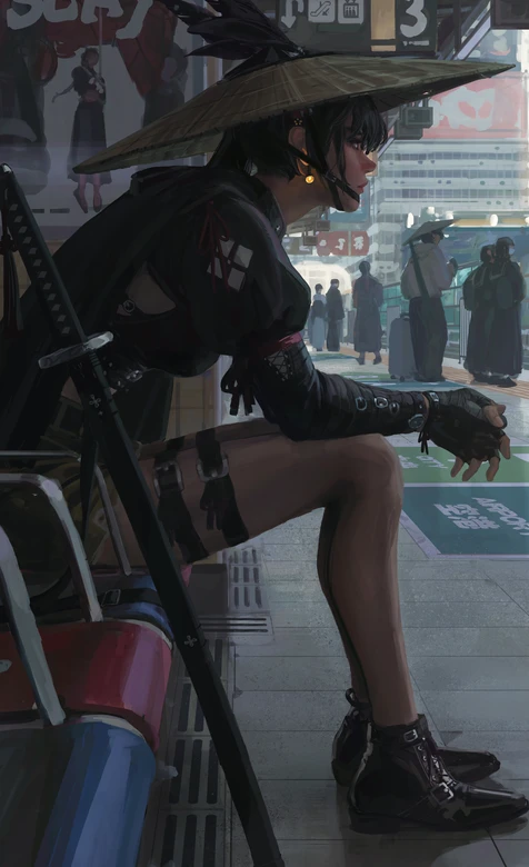 赛博国风武士少女·斗笠佩刀 都市车站候车 高质感手机壁纸-iPhone17-1