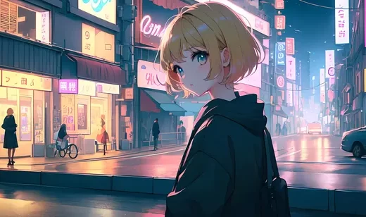 行走在夜晚城市街头的金黄色短发AI动漫美少女侧脸电脑壁纸图片