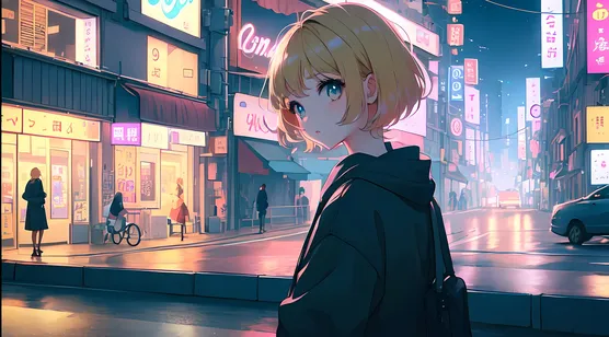 行走在夜晚城市街头的金黄色短发AI动漫美少女侧脸电脑壁纸图片-iPhone17-1