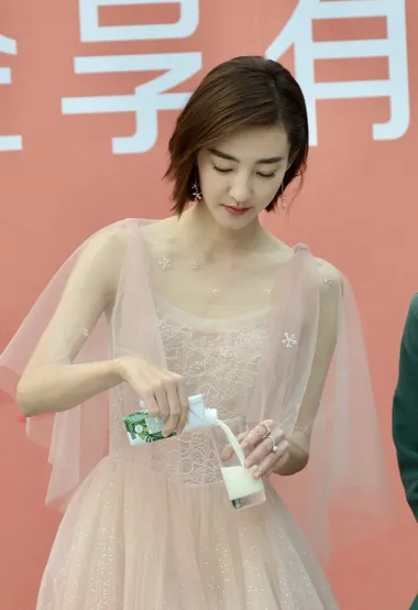 王丽坤清新脱俗粉色蓬蓬裙 亮相活动现场照片