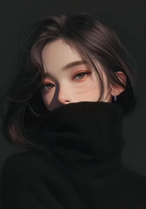 高冷美女，身着黑色高领毛衣的短发发型AI美女手机壁纸图片
