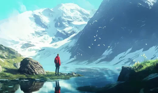 雪山，湖泊，站着雪山下，湖泊旁的红衣男子动漫插画美图壁纸
