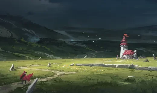 荒原红顶塔楼红衣旅人·暗黑奇幻风 高清横屏桌面背景