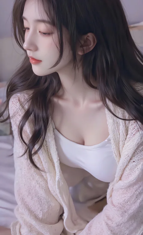 侧坐在床上的AI美女侧颜身材手机壁纸图片-iPhone17-1