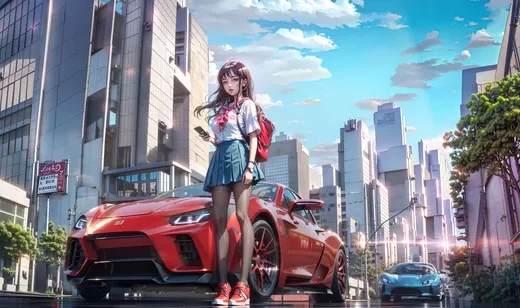 城市，高楼，街道，站在红色跑车前的白衣短裙AI动漫美女壁纸图片