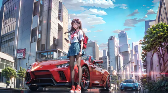 城市，高楼，街道，站在红色跑车前的白衣短裙AI动漫美女壁纸图片-iPhone17-1