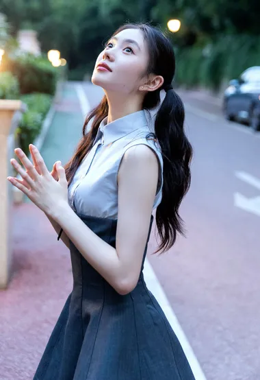 刘浩存可爱双马尾发型搭配蓝灰长裙笑容甜美街拍写真照片