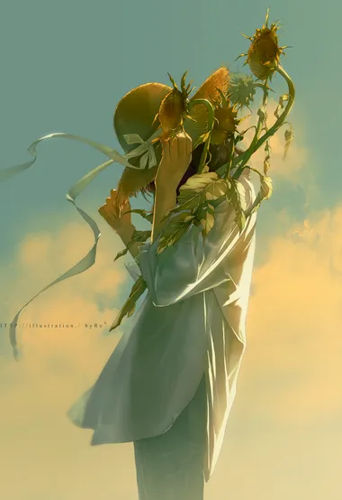 戴着草帽，手拿向日葵的不露脸女生唯美动漫人物插画图片