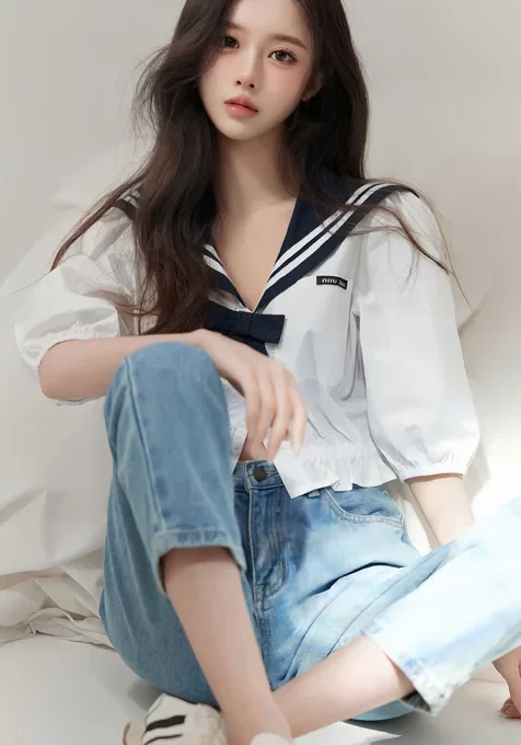高颜值美女小姐姐，身着水手服，紧身牛仔裤的美女写真手机壁纸