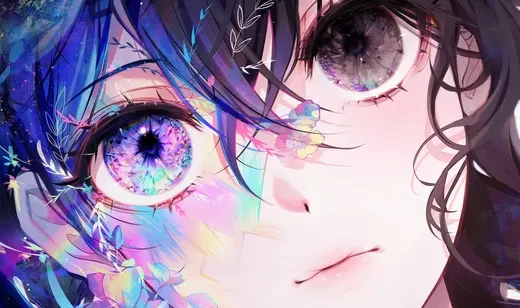 蓝发紫眼动漫少女插画