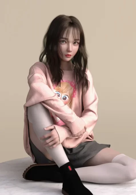 手绘坐在地毯上的长发女生