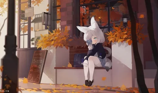 兽耳白狐少女·秋日咖啡馆 二次元唯美原创电脑壁纸