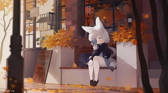 兽耳白狐少女·秋日咖啡馆 二次元唯美原创电脑壁纸-iPhone17-1